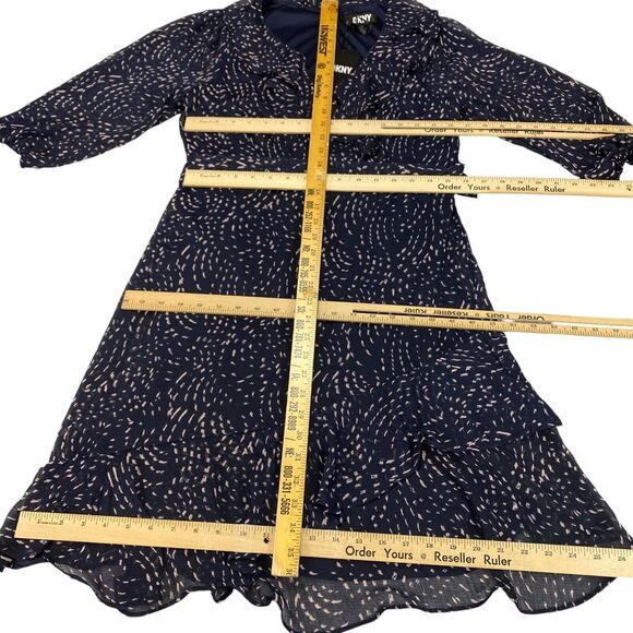 DKNY Dress Women's 12 Navy Pink Sheer Balloon Sleeve Lined Tie Waist Back Zip - Picture 5 of 16